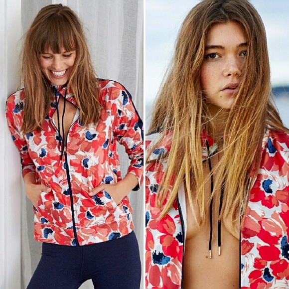 NWOT AERIE Floral Zip Up Pink Navy Track Jacket - Picture 2 of 8